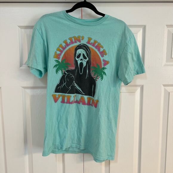 Ghost Face Scream Halloween Themed Turquoise Short Sleeve Tee Shirt - Picture 1 of 5